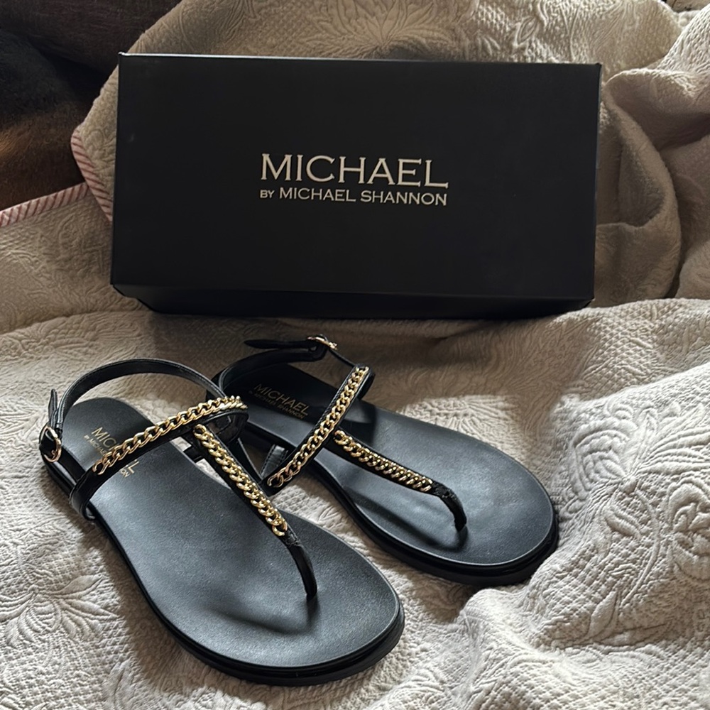 Michael Shannon Black and Gold T-Strap Sandals